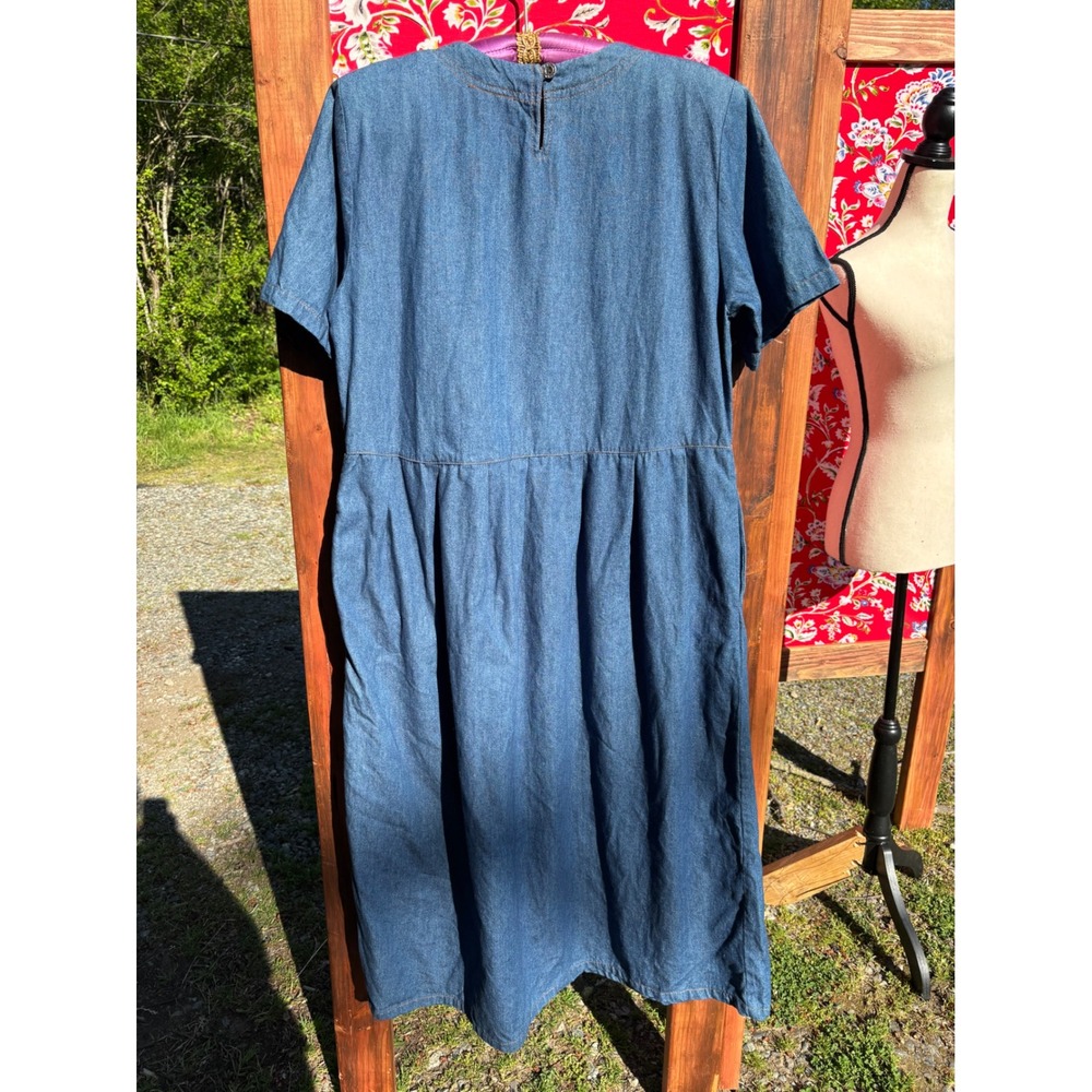 VTG 90's 100% Cotton Soft Denim Embroidered Western Prairie Maxi Dress Size L - Picture 13 of 16
